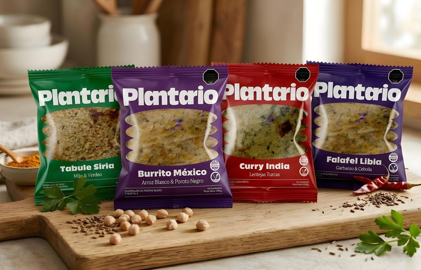 Flow pack de medallones sobre madera clara, con ingredientes (garbanzos, especias) al costado.