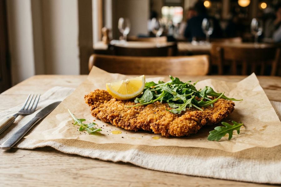 Milanesa dorada sobre papel manteca, rodeada de limón y hojas verdes.