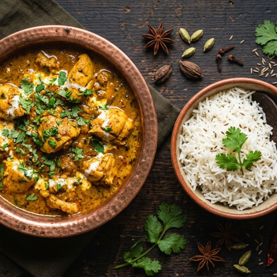 Curry en bowl de cobre con arroz basmati, especias doradas esparcidas.