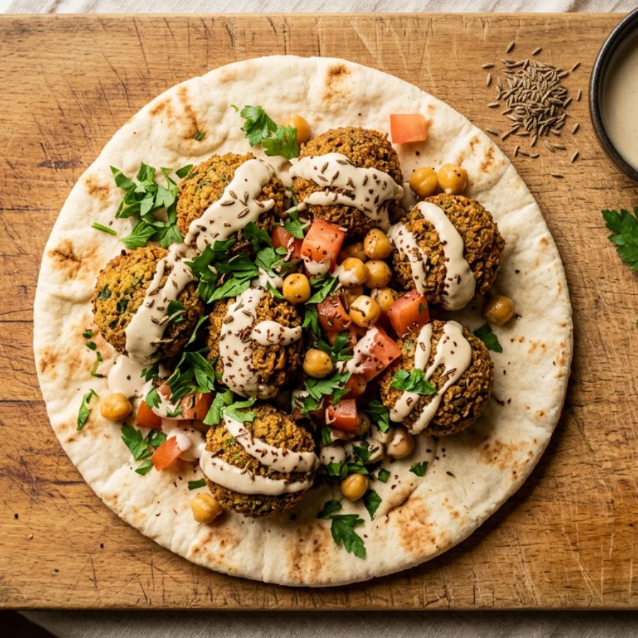 Falafels dorados sobre pan pita, perejil fresco, fondo madera.