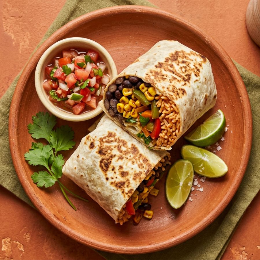 Burrito cortado al medio, frijoles negros y maíz, fondo terracota.