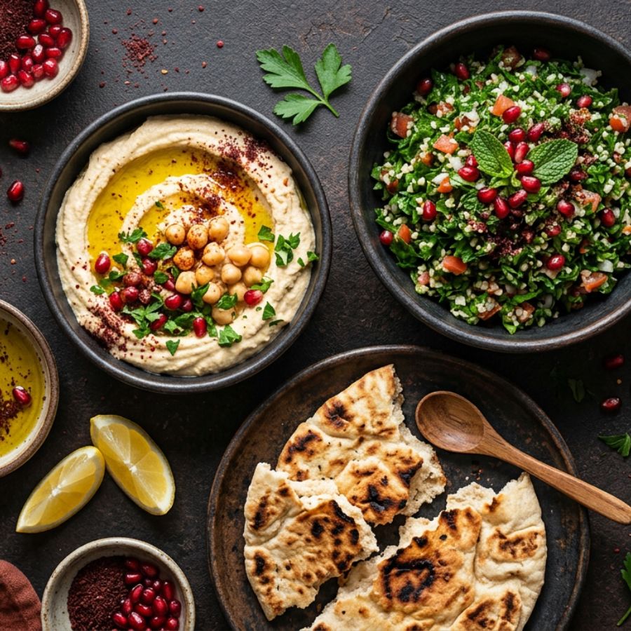 Plato sirio cenital: tabulé, hummus, especias rojas sobre cerámica oscura.